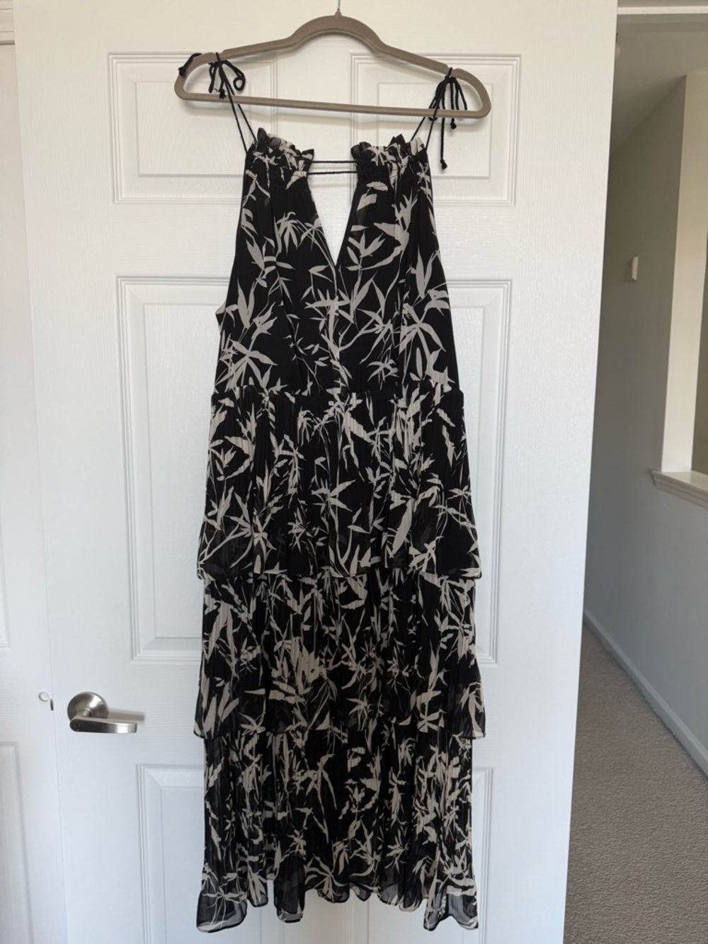 Express Black and White Tiered Midi Dress with Tie Straps